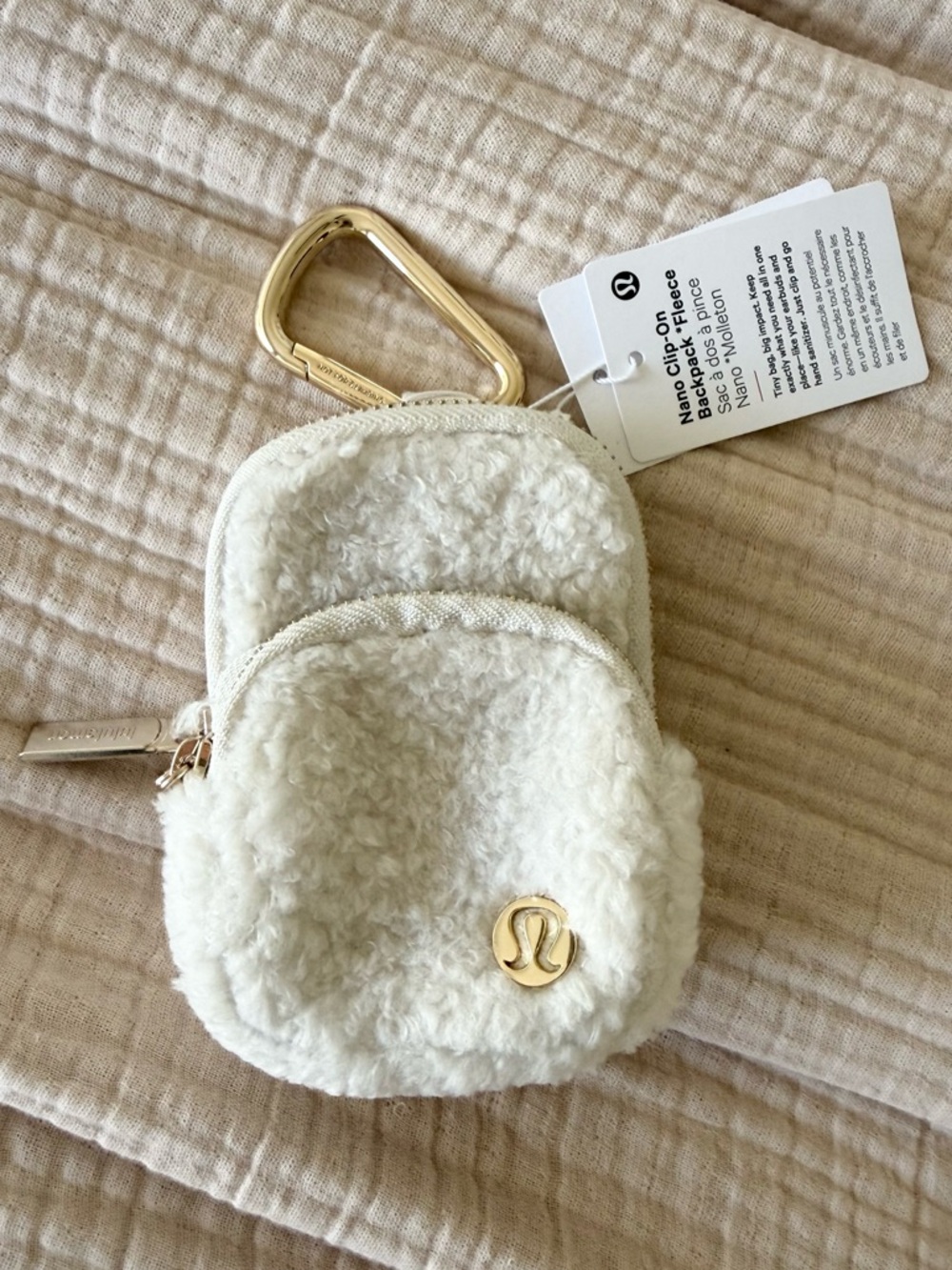 NWT Lululemon Nano Clip-On Fleece Backpack with Gold Hardware - Light Ivory